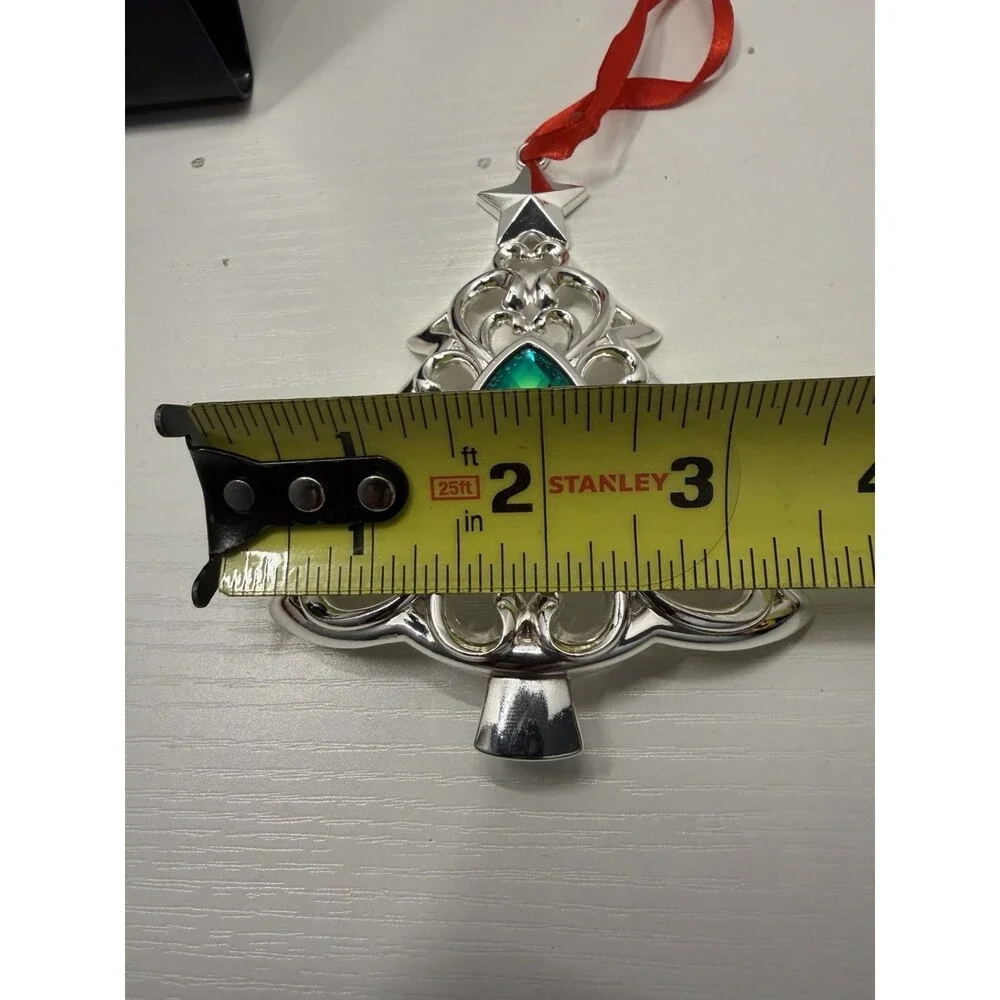 Lenox Bejeweled Christmas Tree Ornament Silverplate With Green Gem